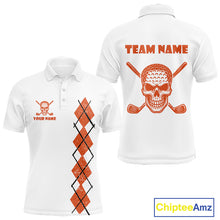 Load image into Gallery viewer, Orange argyle plaid pattern Skull White Golf polo shirts for men custom Halloween mens golf attire NQS10357