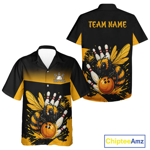 Custom Black and Yellow Bee Bowling Hawaiian Shirt, Bee Bowling Team Bowlers Outfit NQS10361