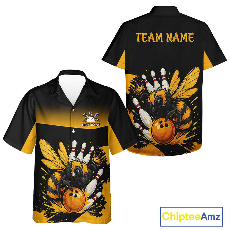 Custom Black and Yellow Bee Bowling Hawaiian Shirt, Bee Bowling Team Bowlers Outfit NQS10361