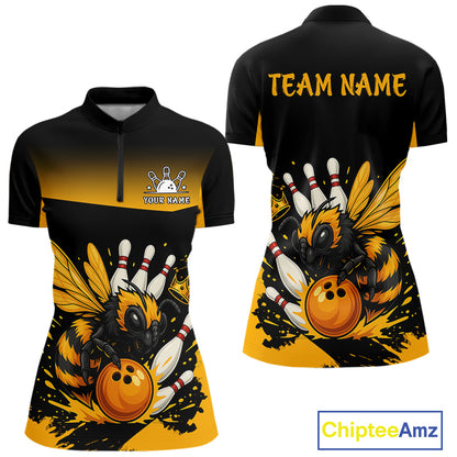 Custom Black and Yellow Bee Bowling Polo, 1/4 Zip Shirts For Women, Bee Bowling Team Bowlers Outfit NQS10361