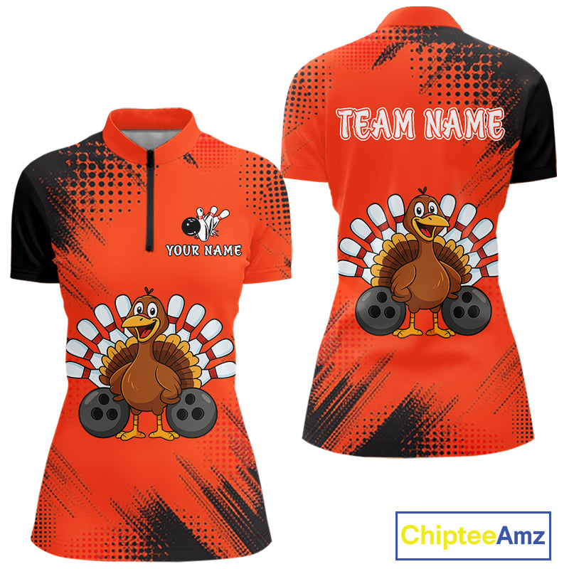 Custom Orange Turkey Bowling Shirt For Women, Thanksgiving Bowling Team Jersey Bowler Outfit NQS10369