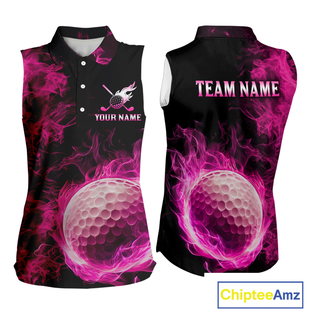 Black and Pink Flame Golf Ball Women sleeveless polo shirt custom golf outfit for ladies golf clothes NQS9869