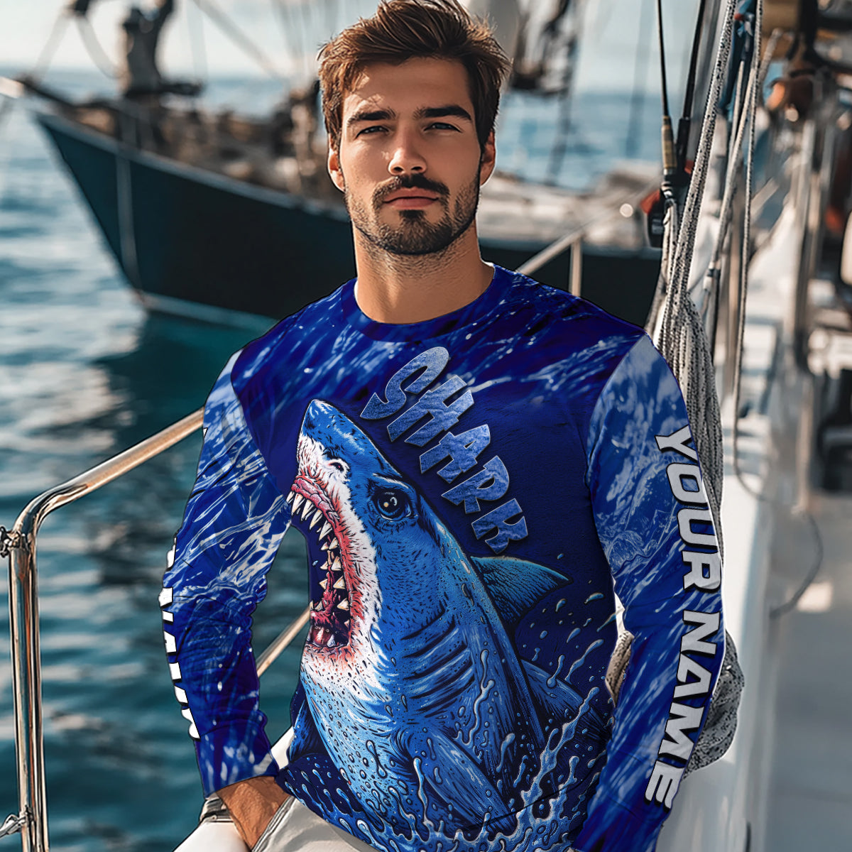 Blue Ocean Sea camo angry Shark fishing UV Protection shirts custom name Shark fishing jerseys NQS10419