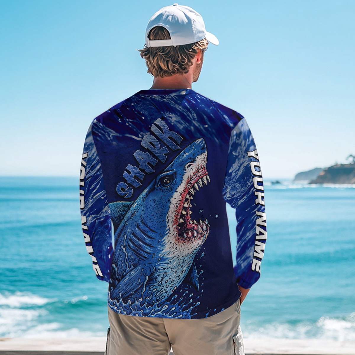 Blue Ocean Sea camo angry Shark fishing UV Protection shirts custom name Shark fishing jerseys NQS10419