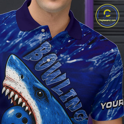 Custom Blue Shark Bowling Polo, Quarter Zip Shirts For Men, Shark Bowling League Shirts NQS10420