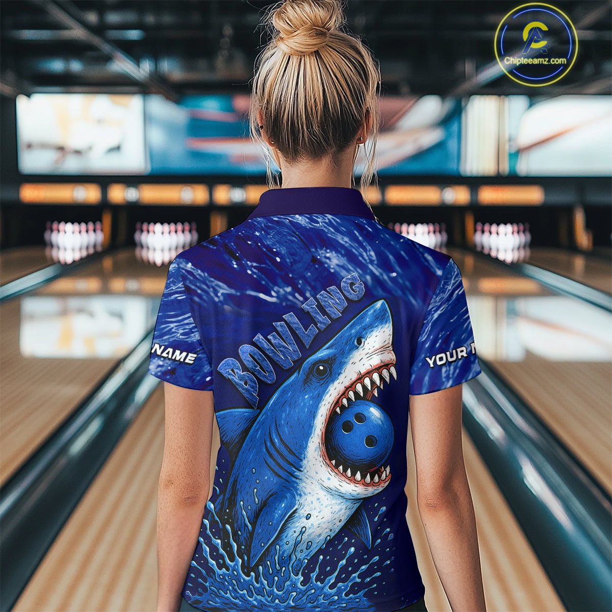 Custom Blue Shark Bowling Polo, Quarter Zip Shirts For Women, Shark Bowling League Shirts NQS10420