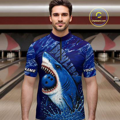 Custom Blue Shark Bowling Polo, Quarter Zip Shirts For Men, Shark Bowling League Shirts NQS10420