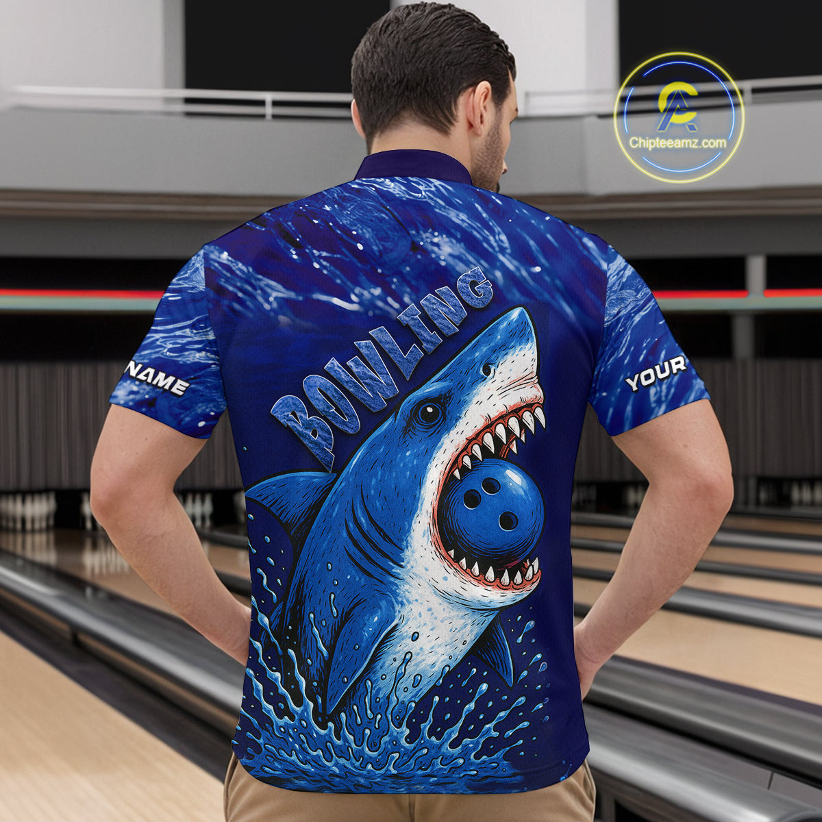 Custom Blue Shark Bowling Polo, Quarter Zip Shirts For Men, Shark Bowling League Shirts NQS10420