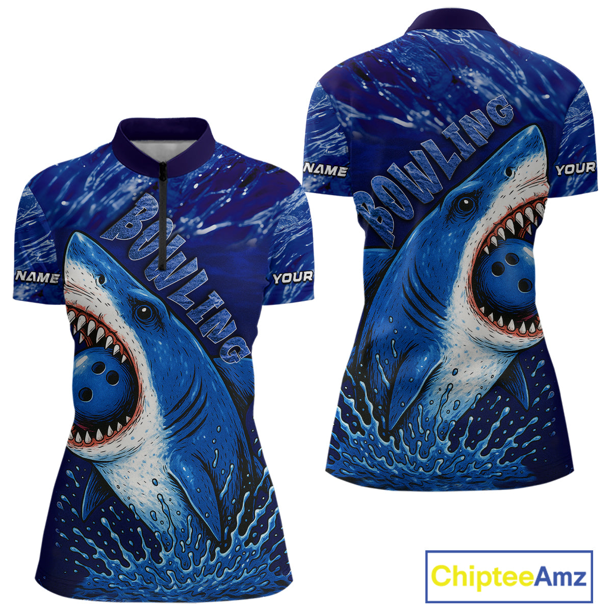 Custom Blue Shark Bowling Polo, Quarter Zip Shirts For Women, Shark Bowling League Shirts NQS10420