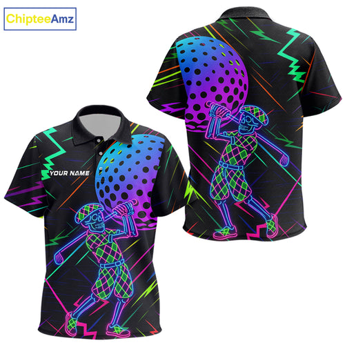 Colorful Neon skull golfer Kid golf polo shirt custom golf attire for kid, cool golf gifts NQS10098