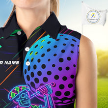 Load image into Gallery viewer, Colorful Neon skull golfer Women Sleeveless polo shirt custom golf attire for ladies, cool golf gifts NQS10098