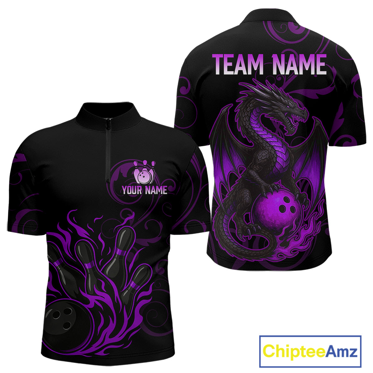 Black And Purple Flame Custom Dragon Bowling Team Shirts For Men, Bowling Uniform Outfit NQS9963