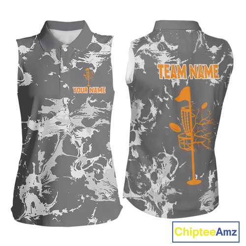 Gray Camo Orange Disc Golf basket Womens Disc golf sleeveless polo shirt Custom team disc golf jerseys NQS9975