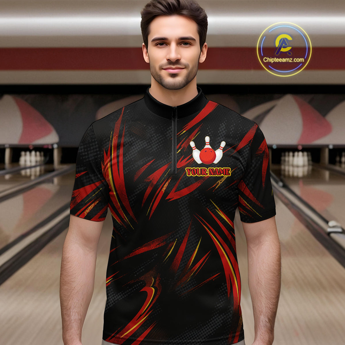 Black and Red Camo Mens Bowling Polo, Quarter Zip shirts custom Bowler Outfits bowling team jerseys NQS10155