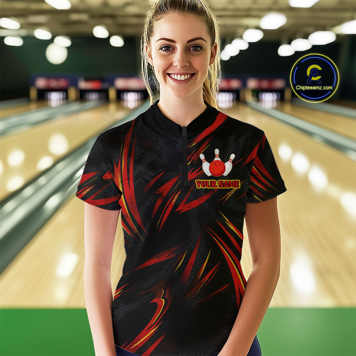 Black and Red Camo Womens Bowling Polo, Quarter Zip shirts custom Bowler Outfits bowling team jerseys NQS10155