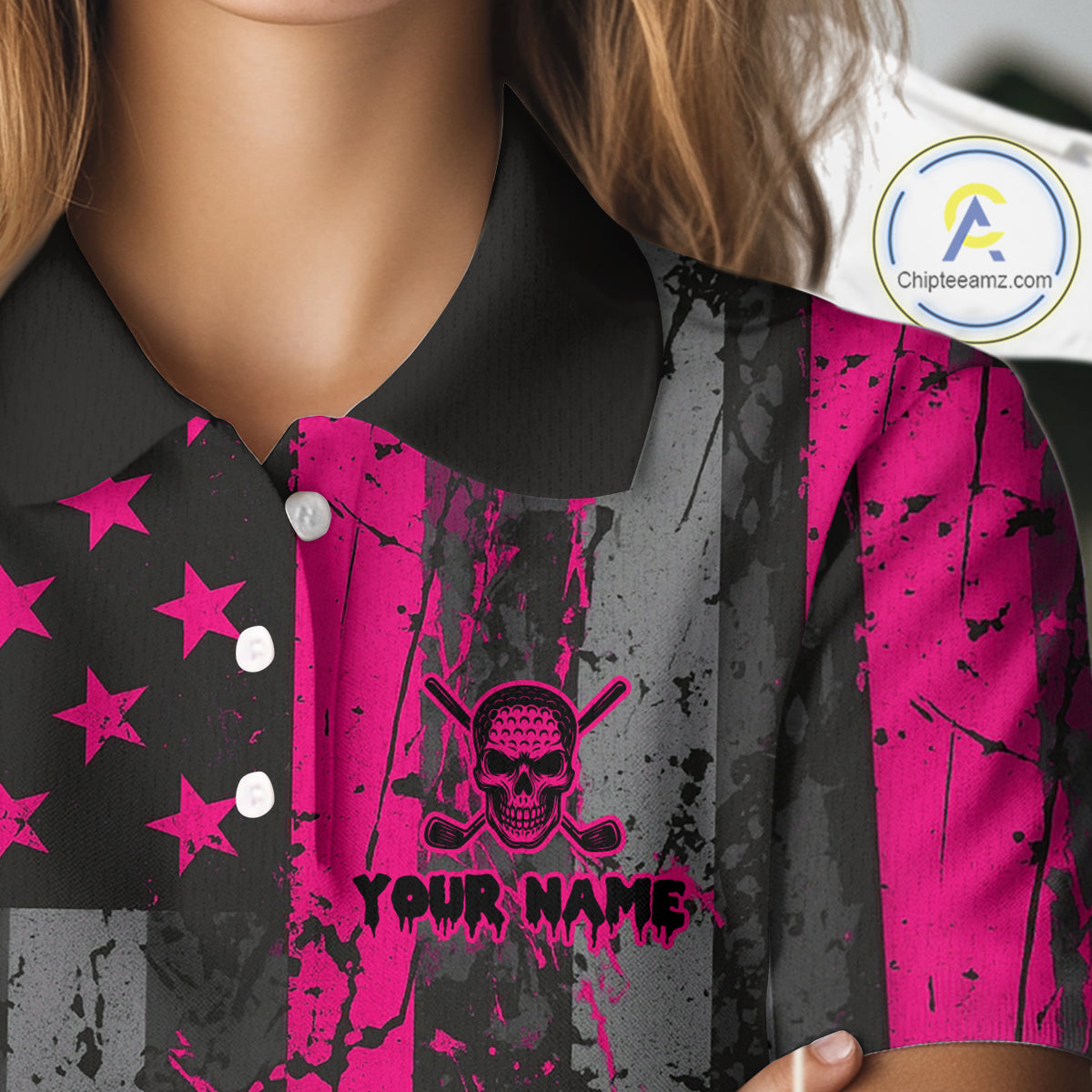 Custom Pink Grunge American Flag Patriotic Skull Golf Shirt For Women, Retro Ladies Golf top NQS10482