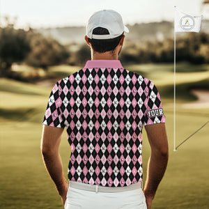 Black and Pink ribbons argyle pattern Mens golf polo shirt Custom Breast Cancer Awareness golf outfit NQS10513