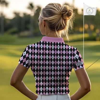 Black & Pink ribbons argyle pattern Women golf polo shirt Custom Breast Cancer Awareness golf outfit NQS10513