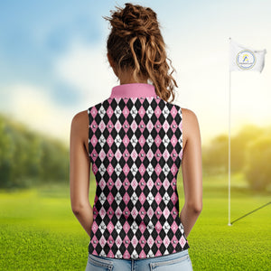 Black & Pink ribbons argyle pattern Sleeveless polo shirt Custom Breast Cancer Awareness golf outfit NQS10513