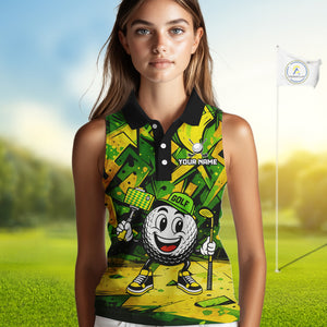 Green and Yellow camo funny golf ball Women sleeveless polo shirt custom team golf outfits for ladies NQS10176
