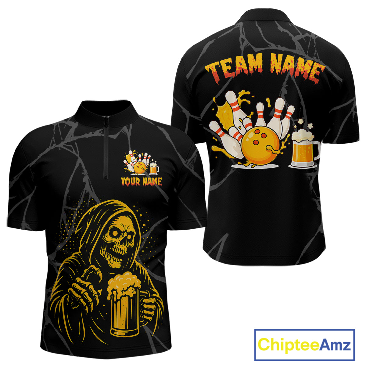 Bowling And Beer Custom Skull Bowling Shirts For Men, Halloween Bowling Outfits NQS10518