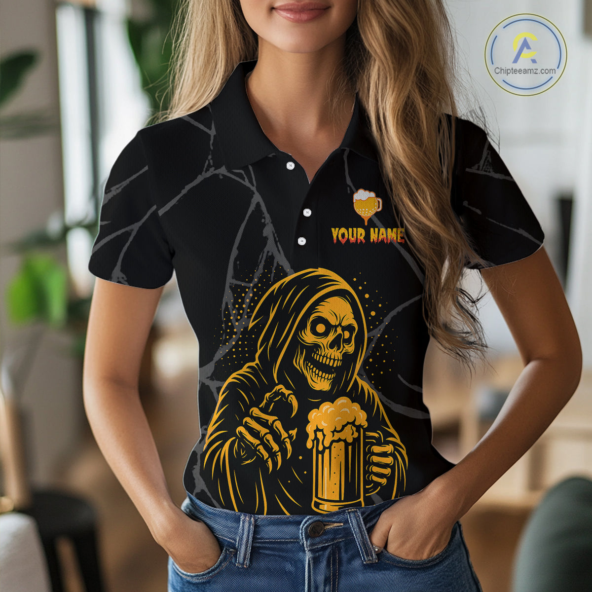 Golf and beer Women golf polo shirt Custom black and gold skull ladies golf attire Halloween outfit NQS10519