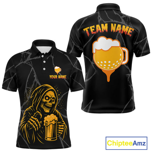 Golf and beer Mens golf polo shirt Custom black and gold skull mens golf attire Halloween golf outfit NQS10519