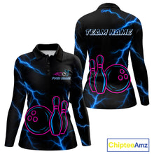 Load image into Gallery viewer, Blue lightning thunder pink neon Bowling Polo, Quarter Zip Shirt For Women Custom Bowling Team Jersey NQS10181