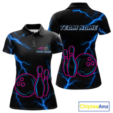 Load image into Gallery viewer, Blue lightning thunder pink neon Bowling Polo, Quarter Zip Shirt For Women Custom Bowling Team Jersey NQS10181