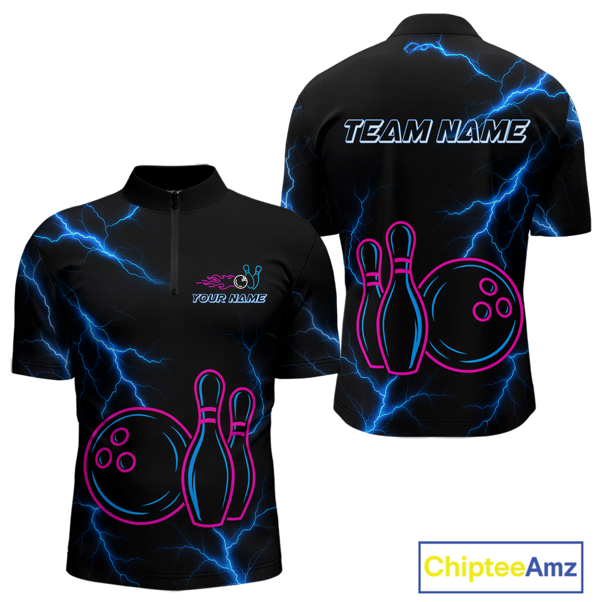Blue lightning thunder pink neon Bowling Polo, Quarter Zip Shirts For Men Custom Bowling Team Jersey NQS10181