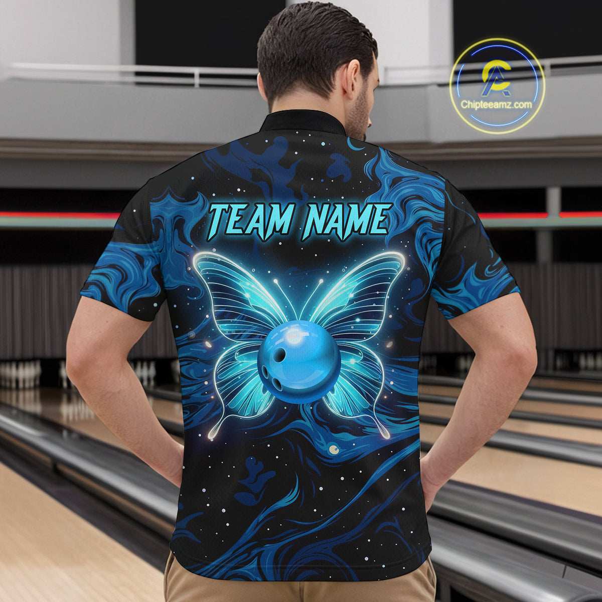 Blue Butterflies Bowling Polo, Quarter-Zip Shirts For Men Custom Team Bowling League Jersey NQS10578