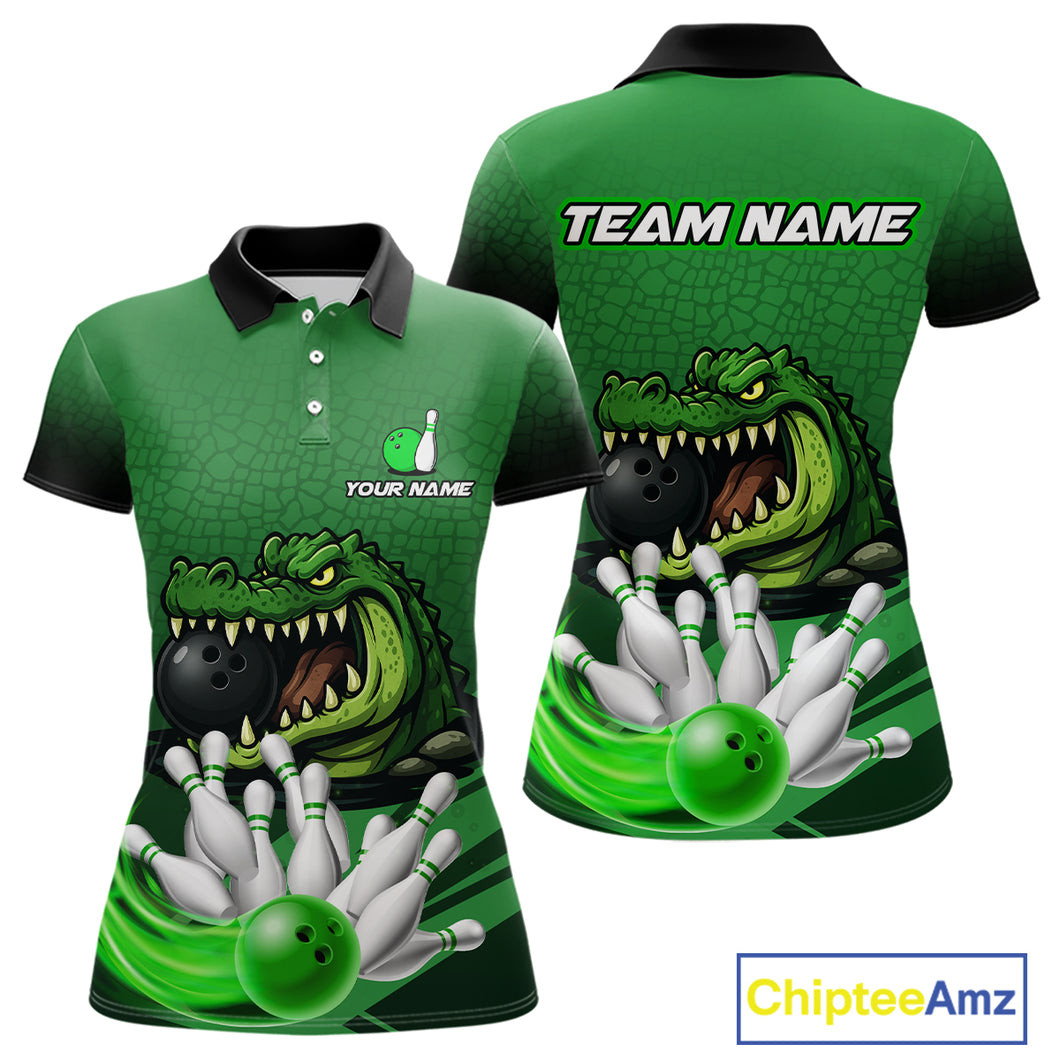 Funny Green Alligator Bowling Polo, Quarter Zip shirts for Women Custom Team bowling league jersey NQS10588