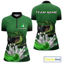 Load image into Gallery viewer, Funny Green Alligator Bowling Polo, Quarter Zip shirts for Women Custom Team bowling league jersey NQS10588