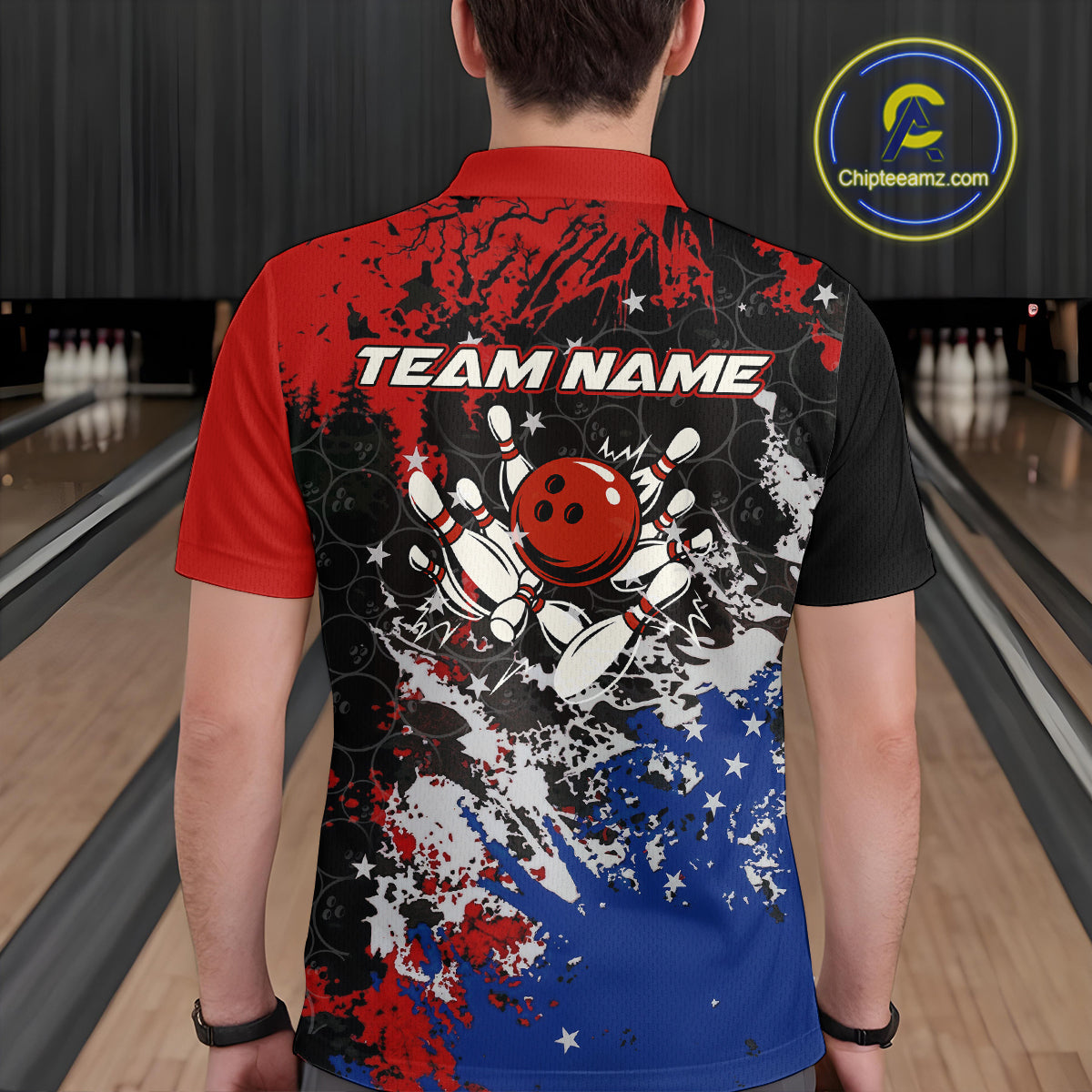 Red, White and Blue Camo Bowling Polo, Quarter Zip shirts for Men Custom Patriotic Gift For Bowlers NQS10589