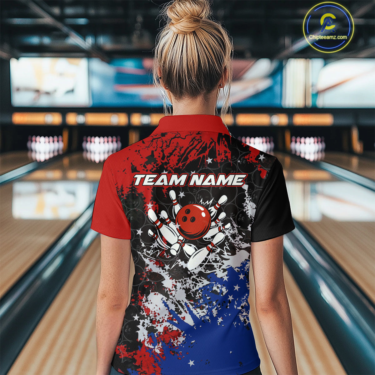 Red, White and Blue Camo Bowling Polo, Quarter Zip shirts for Women Custom Patriotic Gift For Bowlers NQS10589
