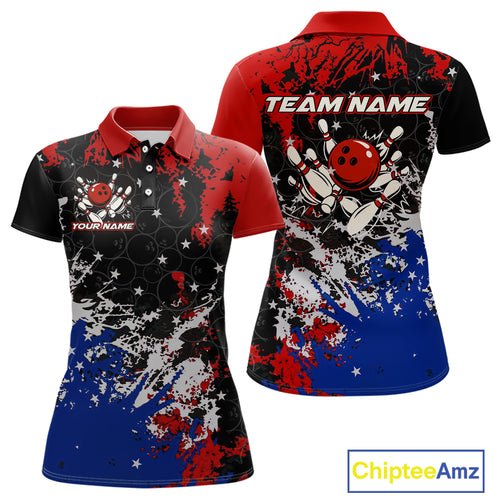 Red, White and Blue Camo Bowling Polo, Quarter Zip shirts for Women Custom Patriotic Gift For Bowlers NQS10589