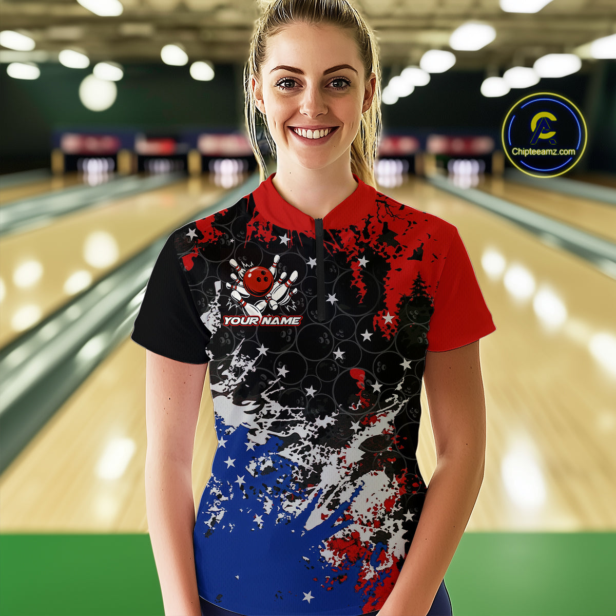 Red, White and Blue Camo Bowling Polo, Quarter Zip shirts for Women Custom Patriotic Gift For Bowlers NQS10589