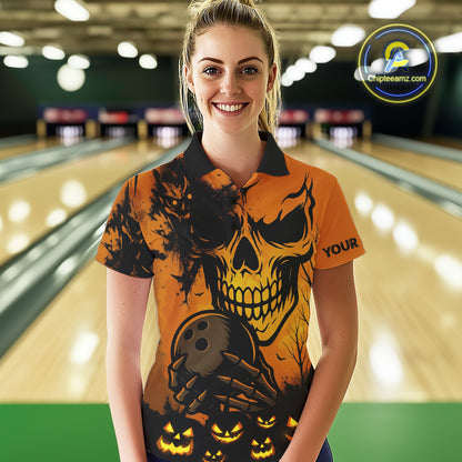 Custom Skull Bowling Jerseys For Women Bowling Team Polo, Quarter Zip Shirts Halloween Outfits NQS10618
