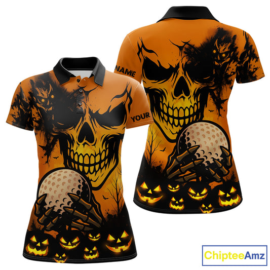 Custom Skull Golf Polo Shirts For Women Halloween Golf Outfits, personalized golf gifts NQS10619