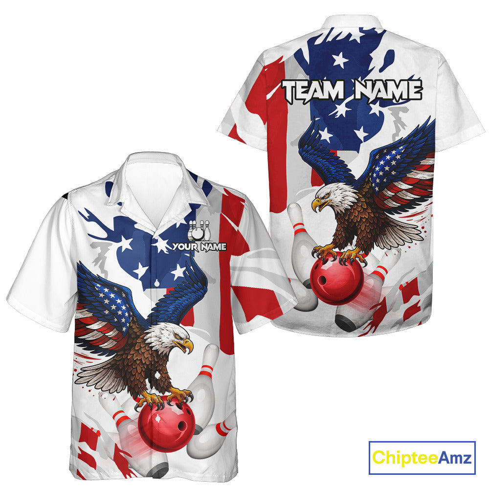 Red, White and Blue American Flag Eagle Bowling Hawaiian Shirt Custom Patriotic Bowling Team Jersey NQS10639