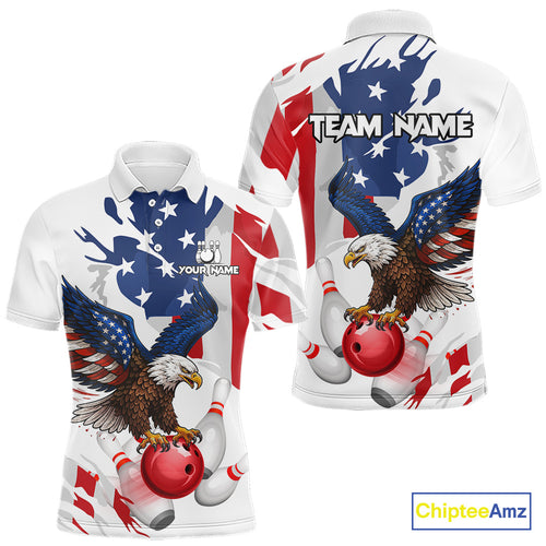 Red, White and Blue American Flag Eagle Bowling Shirts For Men Custom Patriotic Bowling Team Jerseys NQS10639