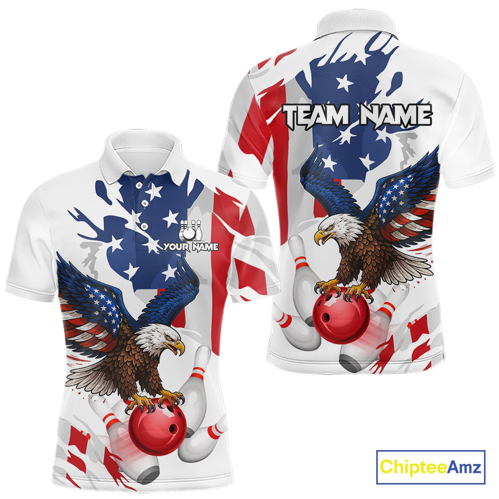 Red, White and Blue American Flag Eagle Bowling Shirts For Men Custom Patriotic Bowling Team Jerseys NQS10639