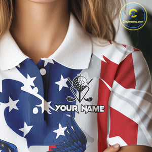 Red, White and Blue American Flag Eagle Women Golf Polo Shirt Custom Patriotic Golf attire For Ladies NQS10640