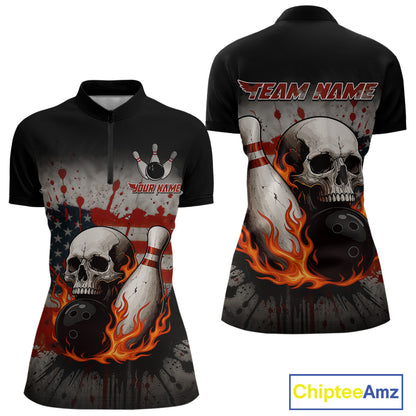 Personalized American Flag Flame Skull Bowling Shirts For Women Custom Patriotic Bowling Team Jersey NQS10462