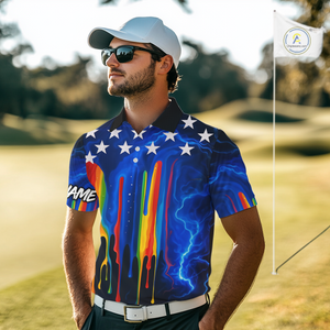 Blue lightning thunder rainbow American Flag Men golf polo shirts Custom patriotic mens golf outfit NQS10154