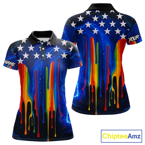 Blue lightning thunder rainbow American Flag Women golf polos Custom patriotic ladies golf outfit NQS10154