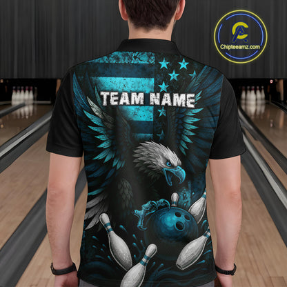 Custom Turquoise Vintage Us Flag Patriotic Eagle Bowling Shirt For Men, Retro Bowling Team Jerseys NQS10477
