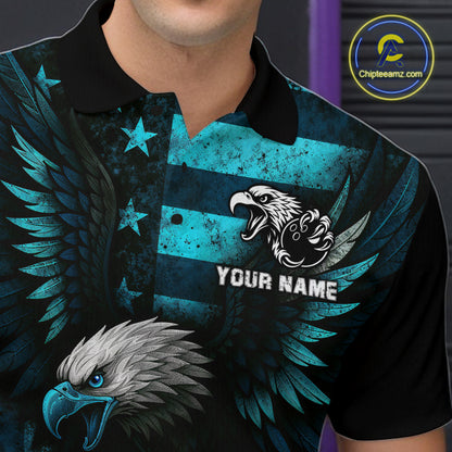 Custom Turquoise Vintage Us Flag Patriotic Eagle Bowling Shirt For Men, Retro Bowling Team Jerseys NQS10477