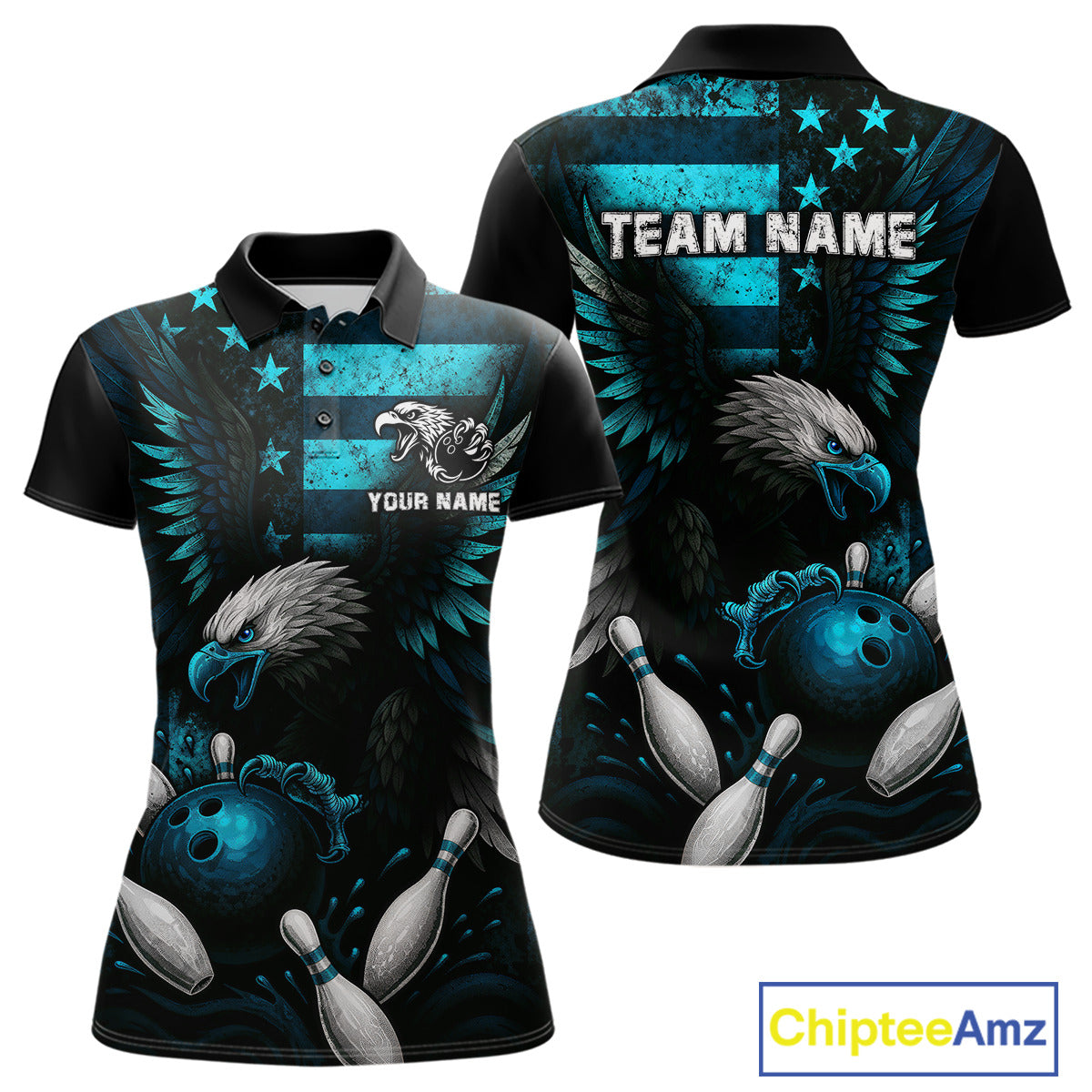 Custom Turquoise Vintage Us Flag Patriotic Eagle Bowling Shirt For Women, Retro Bowling Team Jerseys NQS10477