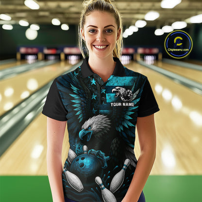 Custom Turquoise Vintage Us Flag Patriotic Eagle Bowling Shirt For Women, Retro Bowling Team Jerseys NQS10477